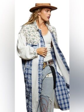 POL Blue Plaid and Cream Mixed-Print Long Coat